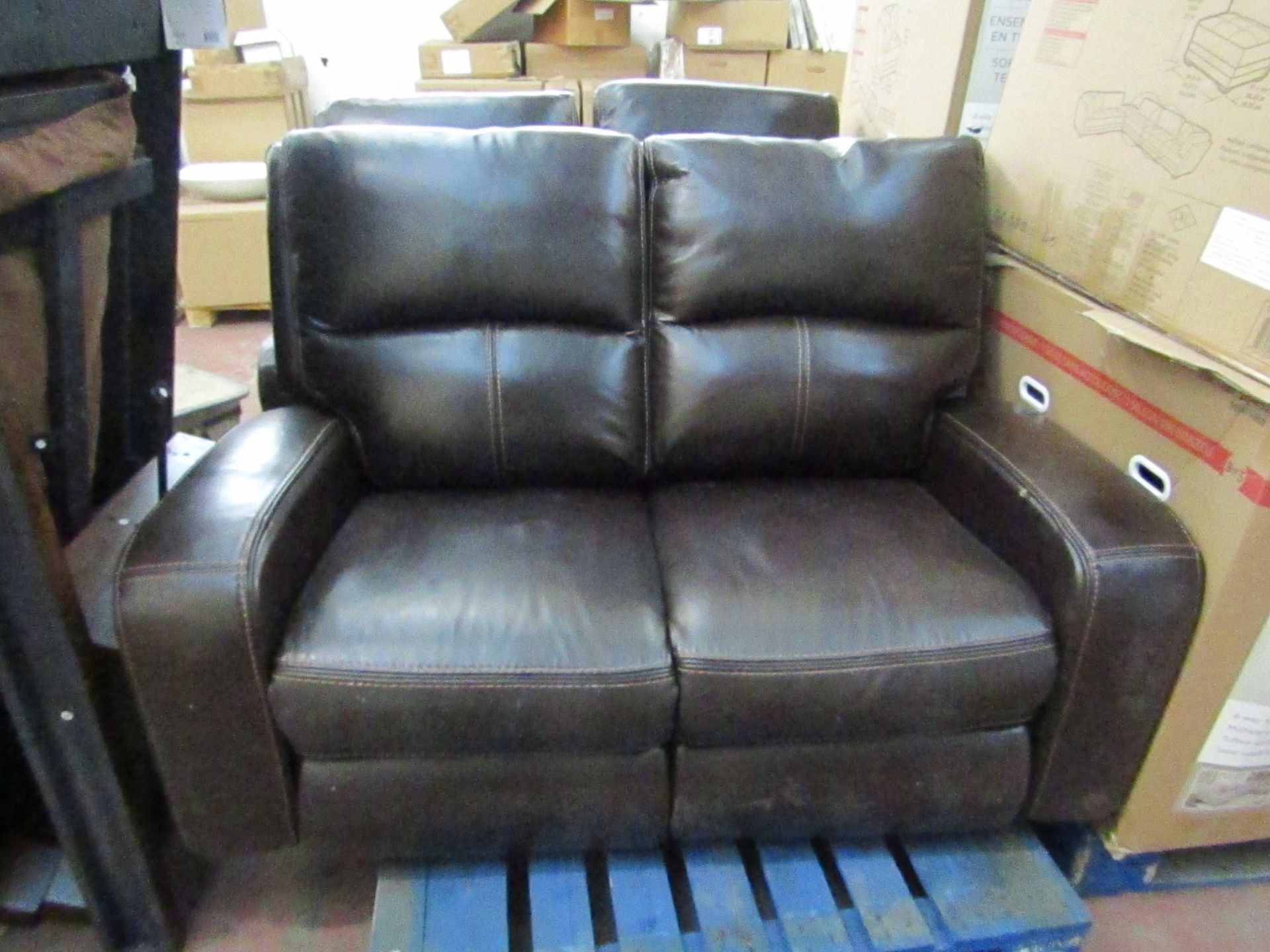 Zach 2 Seater Brown Leather Power Recliner Sofa RRP £929.89, Tear to right side near rear.