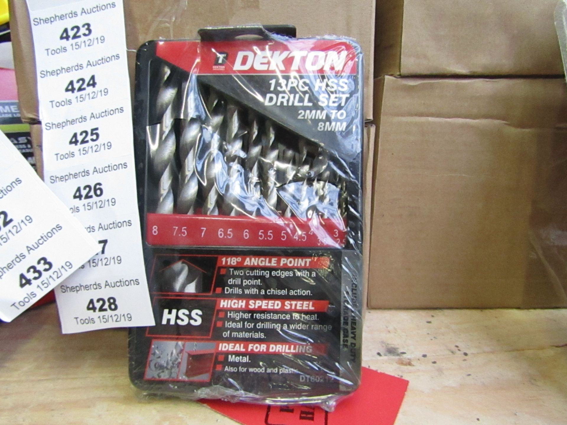 Dekton 13 piece HSS drill bit set, new in carry case.