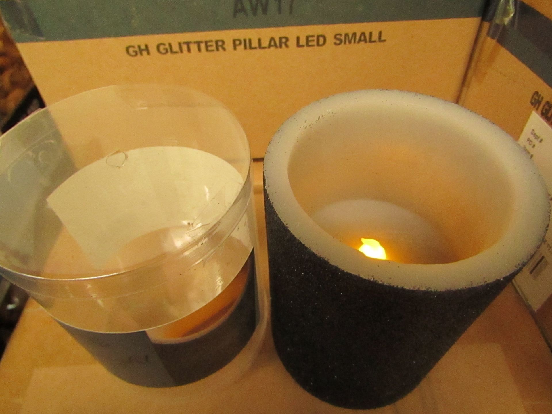 Box of 6 Glitter Pillar LED Candles Scented with Midnight Fig. New & Boxed