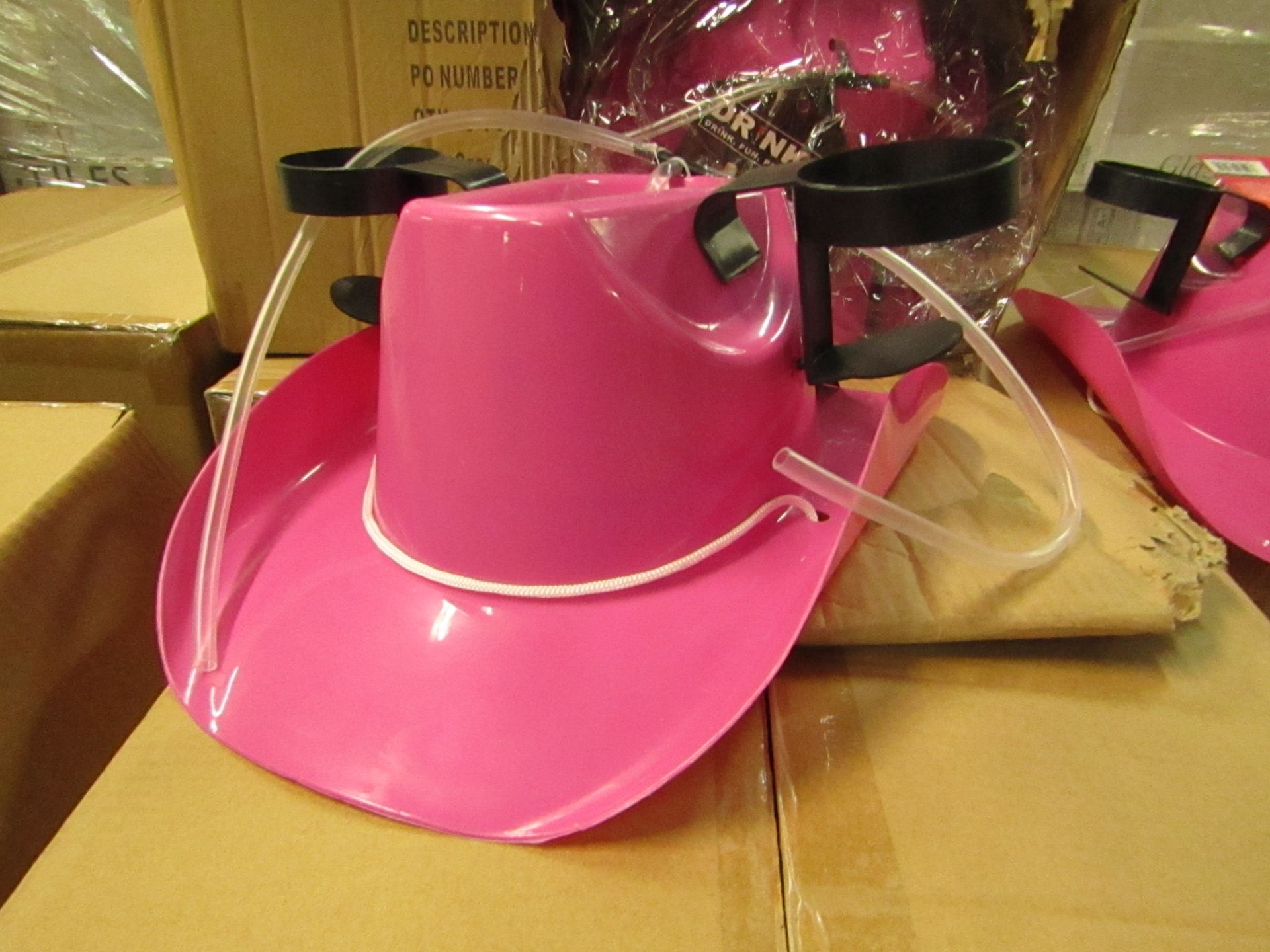 Box of 6 Pink party Hats with drinks holders & Straws. New & Boxed. Ideal for works xmas parties!