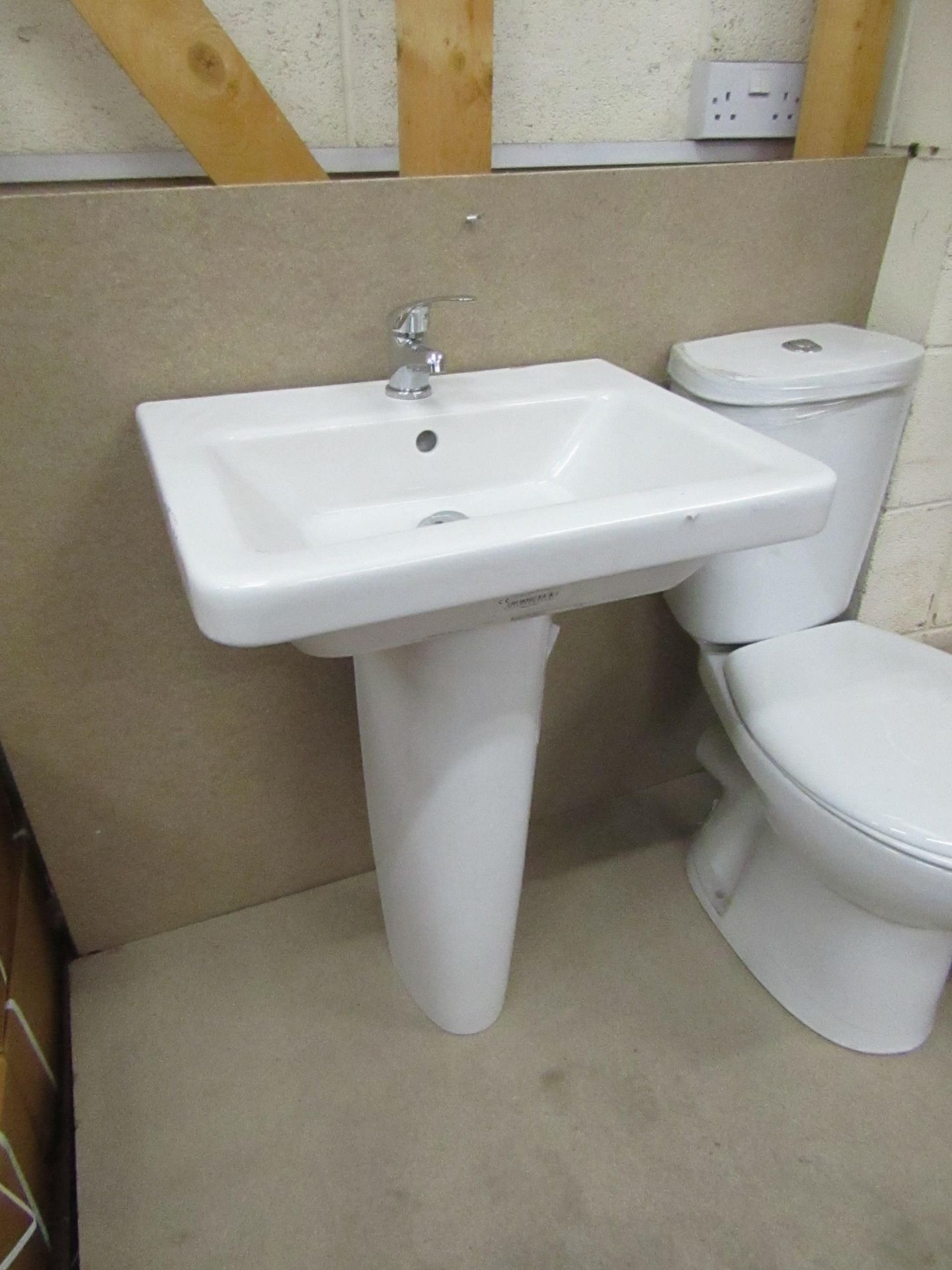 Verso Cloakroom basin set that includes a 550mm sink with full pedestal and a Mono Block Sink tap