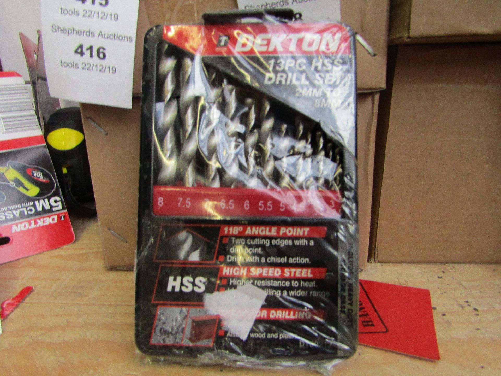 Dekton 13 piece HSS drill bit set, new in carry case.