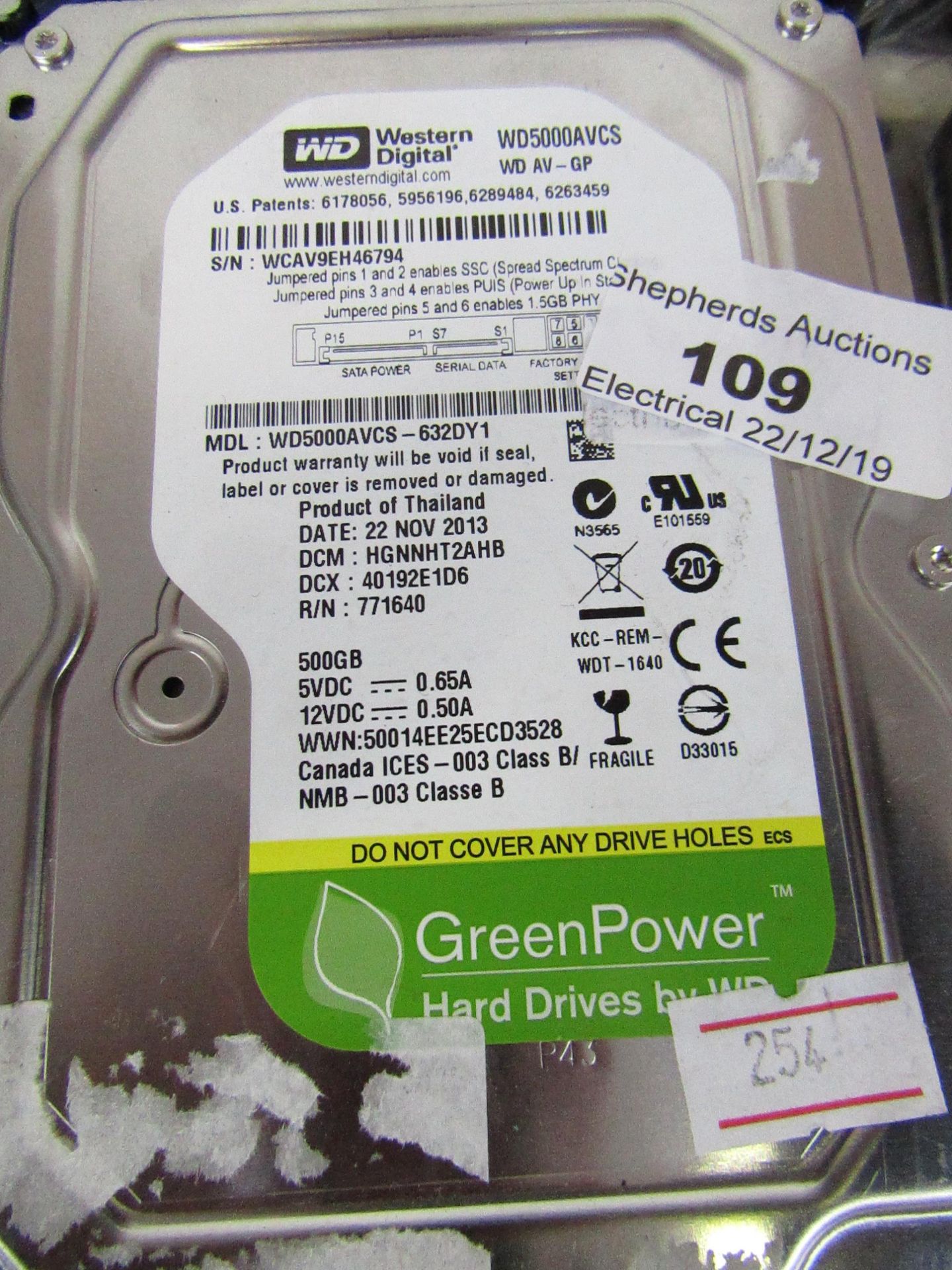 Western Digital 500GB hard drive, tested working.