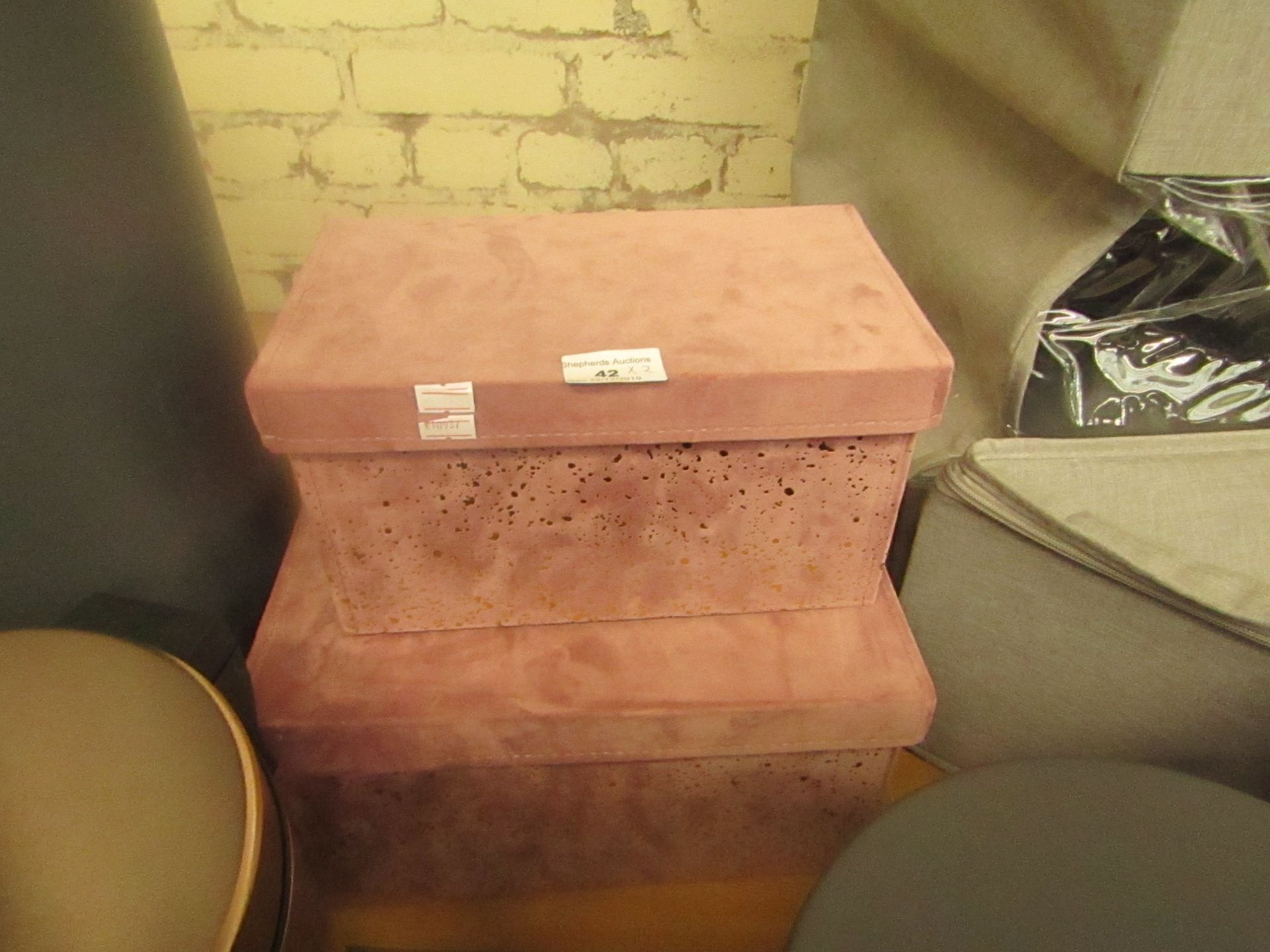 2X Pink velvet storage containers - good condition - see image.