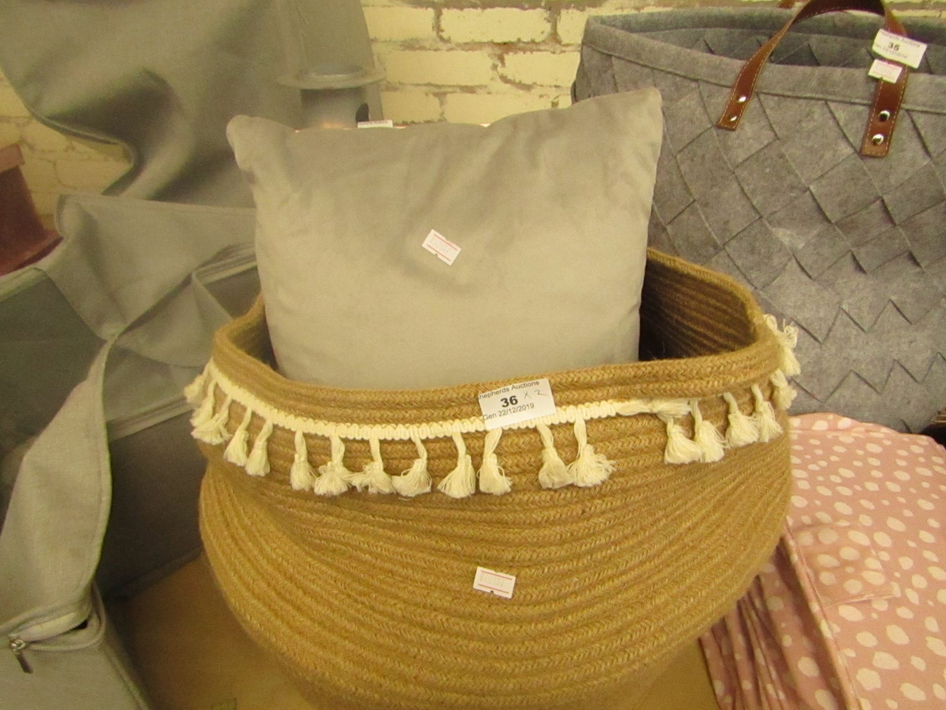 2X Various items, Small grey velvet cushion and a small brown basket.