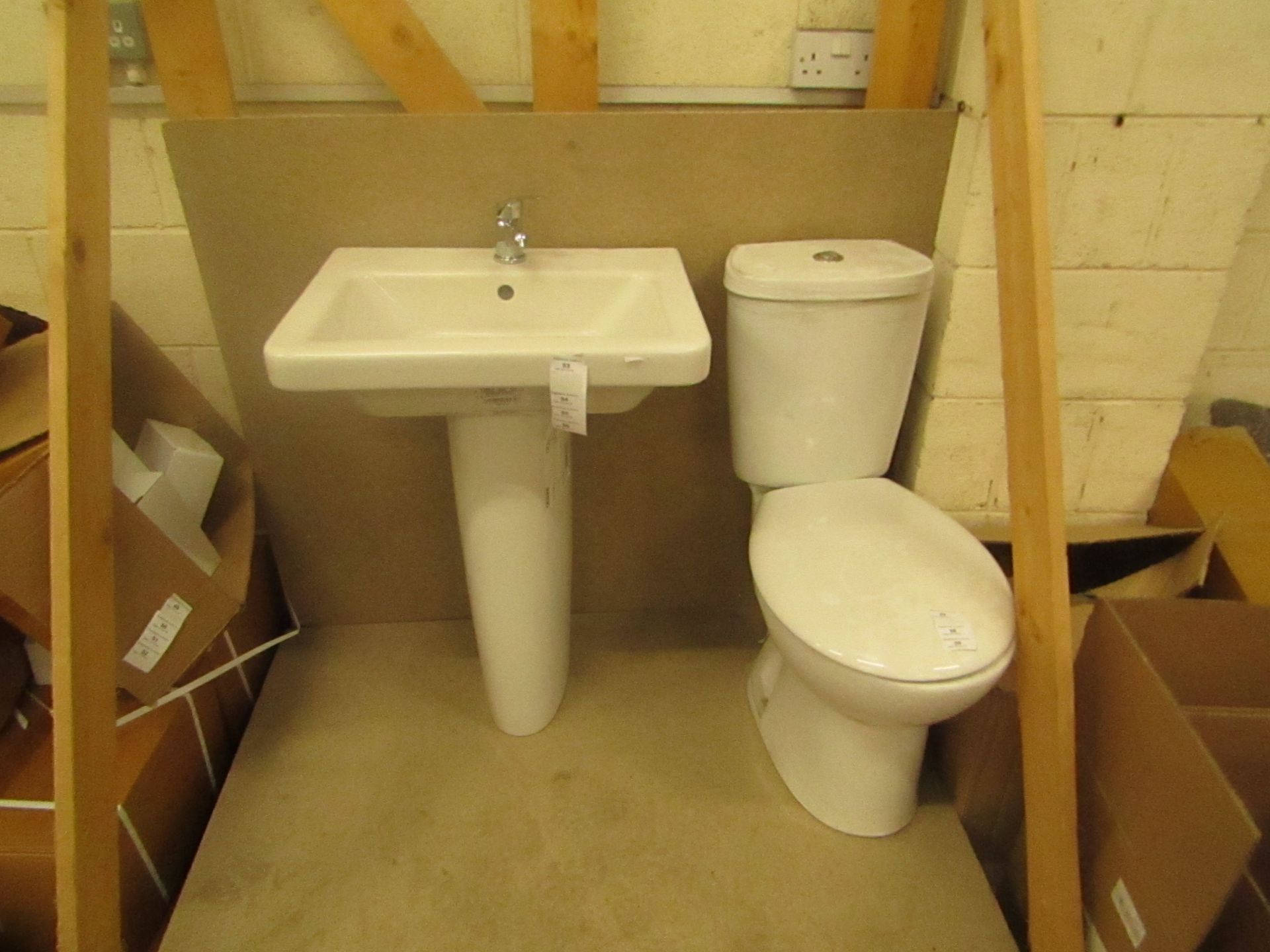 Complete Unbranded Roca Cloakroom set that includes a 550mm Verso sink with a full pedestal, a