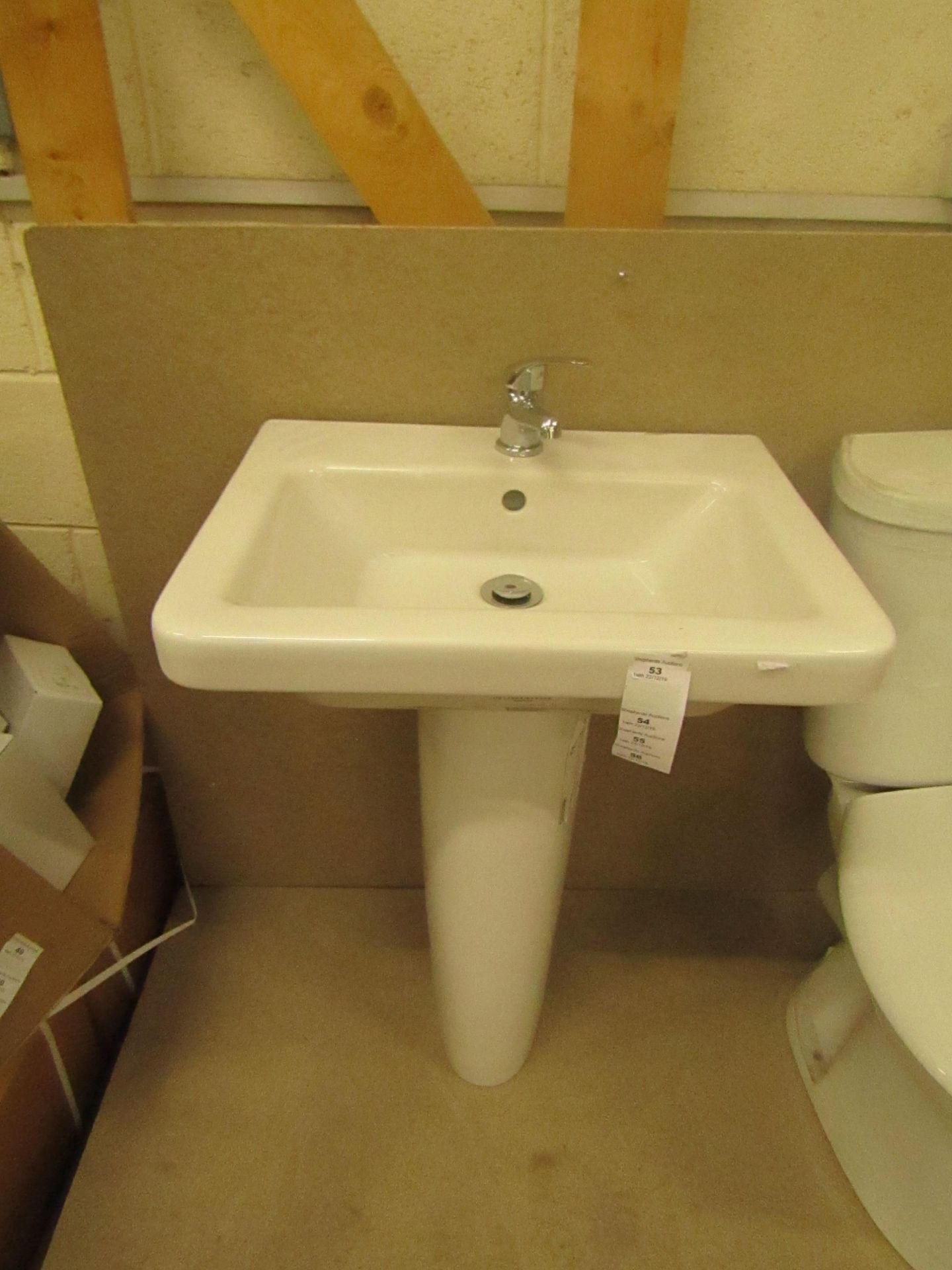 Verso Cloakroom basin set that includes a 550mm sink with full pedestal and a Mono Block Sink tap