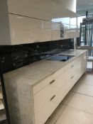 High Gloss Finish White Kitchen Units with Opal Quartz Carrara Worktop & Siemens Induction Hob