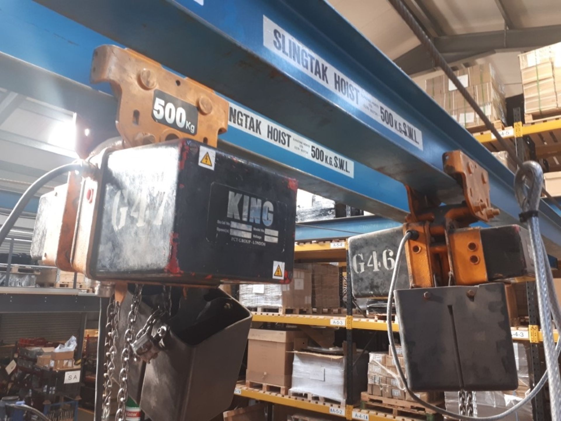 Slingtak twin girder overhead crane and freestanding gantry with (2) PCT Group King hoists - Image 5 of 11