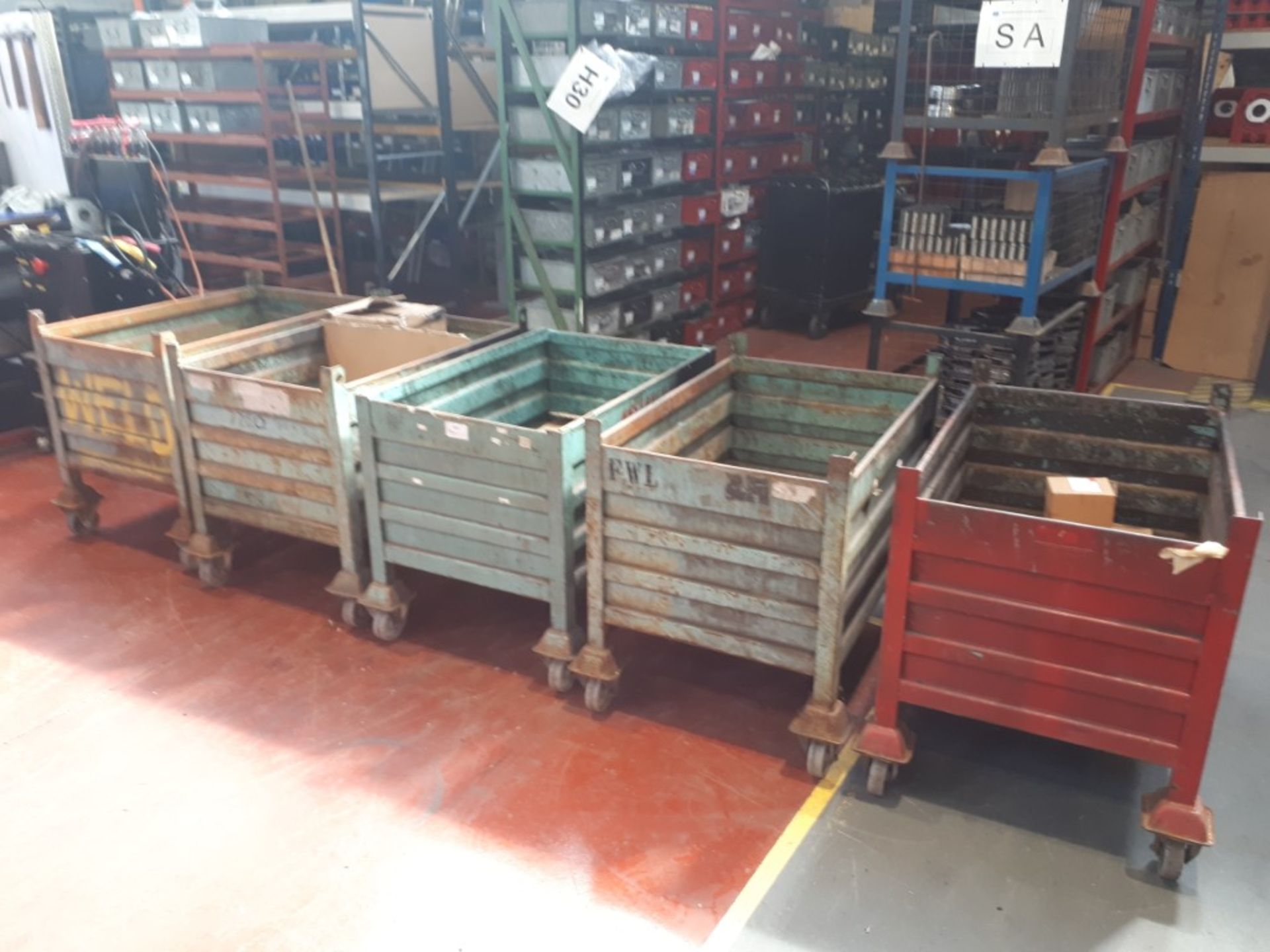 (5) Mobile steel stillages including various components & parts stock