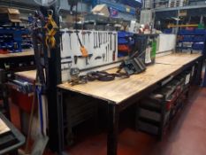 Bank of four steel framed workbenches with lin bins & assorted components