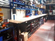 Bank of three steel framed workbenches with air hose reels & guns & assorted components