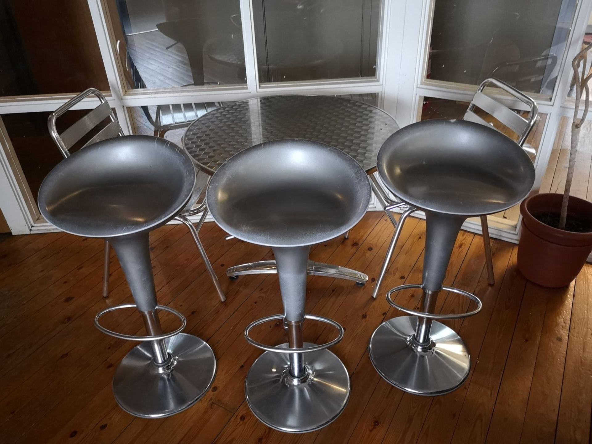 Aluminium Round Canteen Table with (2) Matching Chairs & (3) Silver Bar Stools - Image 2 of 2