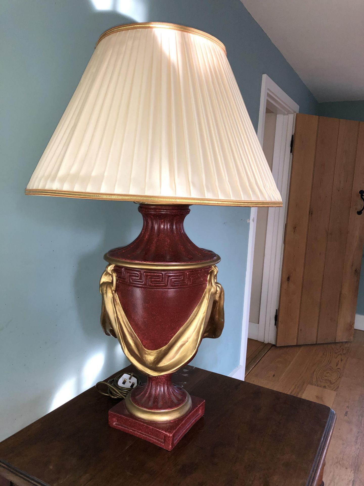 Red Table Lamp with Beige Shade - Image 2 of 4