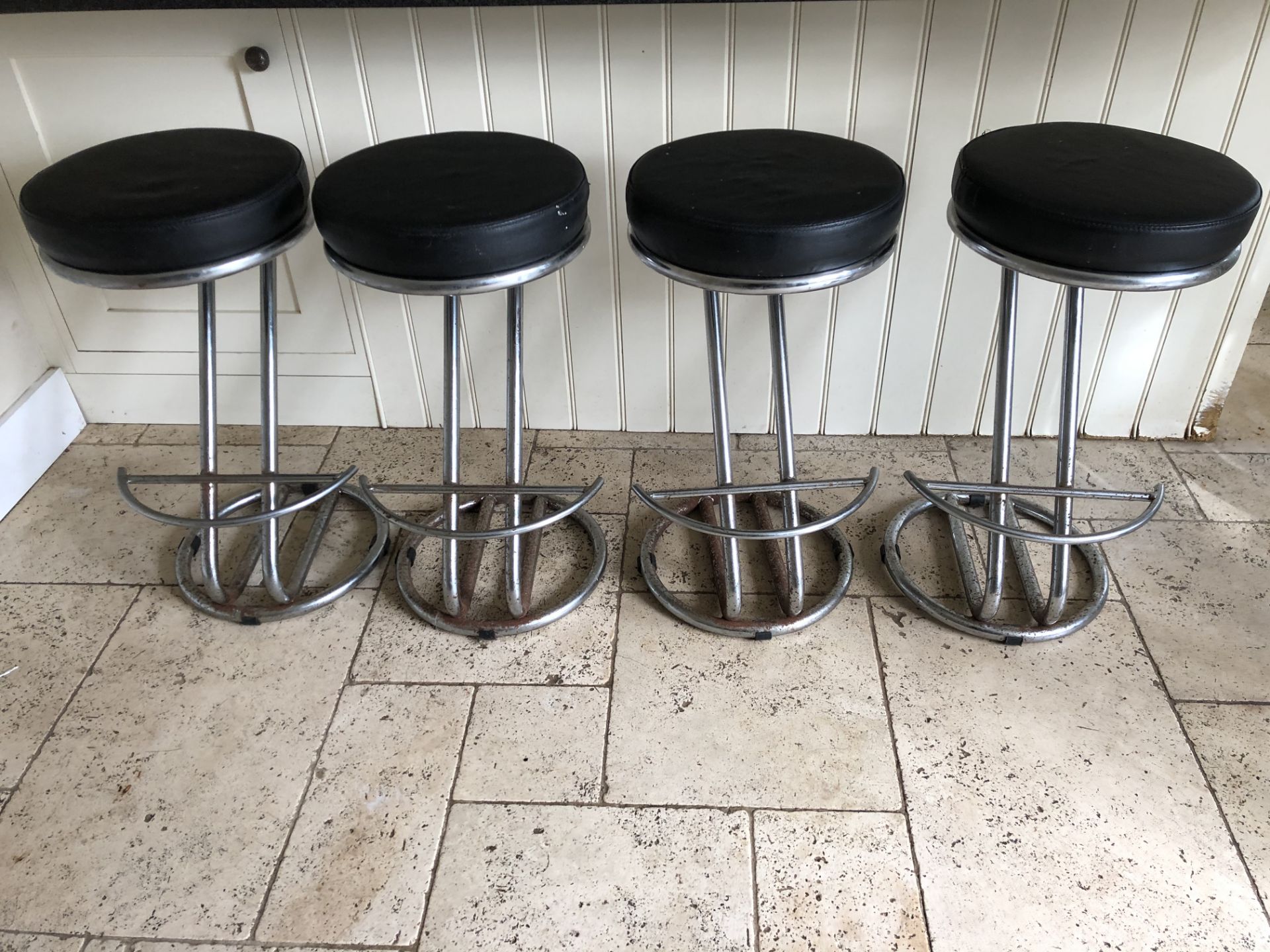 (4) Steel Framed Black Leather Stools