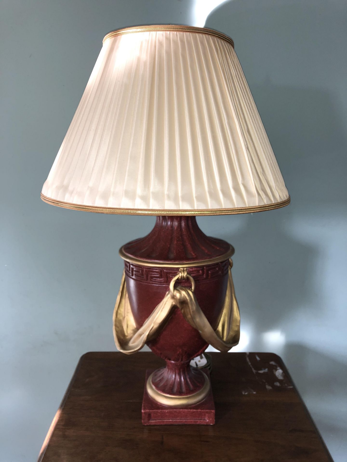Red Table Lamp with Beige Shade