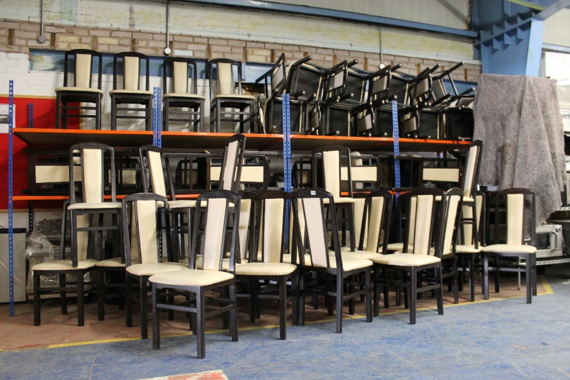 Job Lot of 54 Restaurant Dining Chairs – Dark Wood & Cream Vinyl