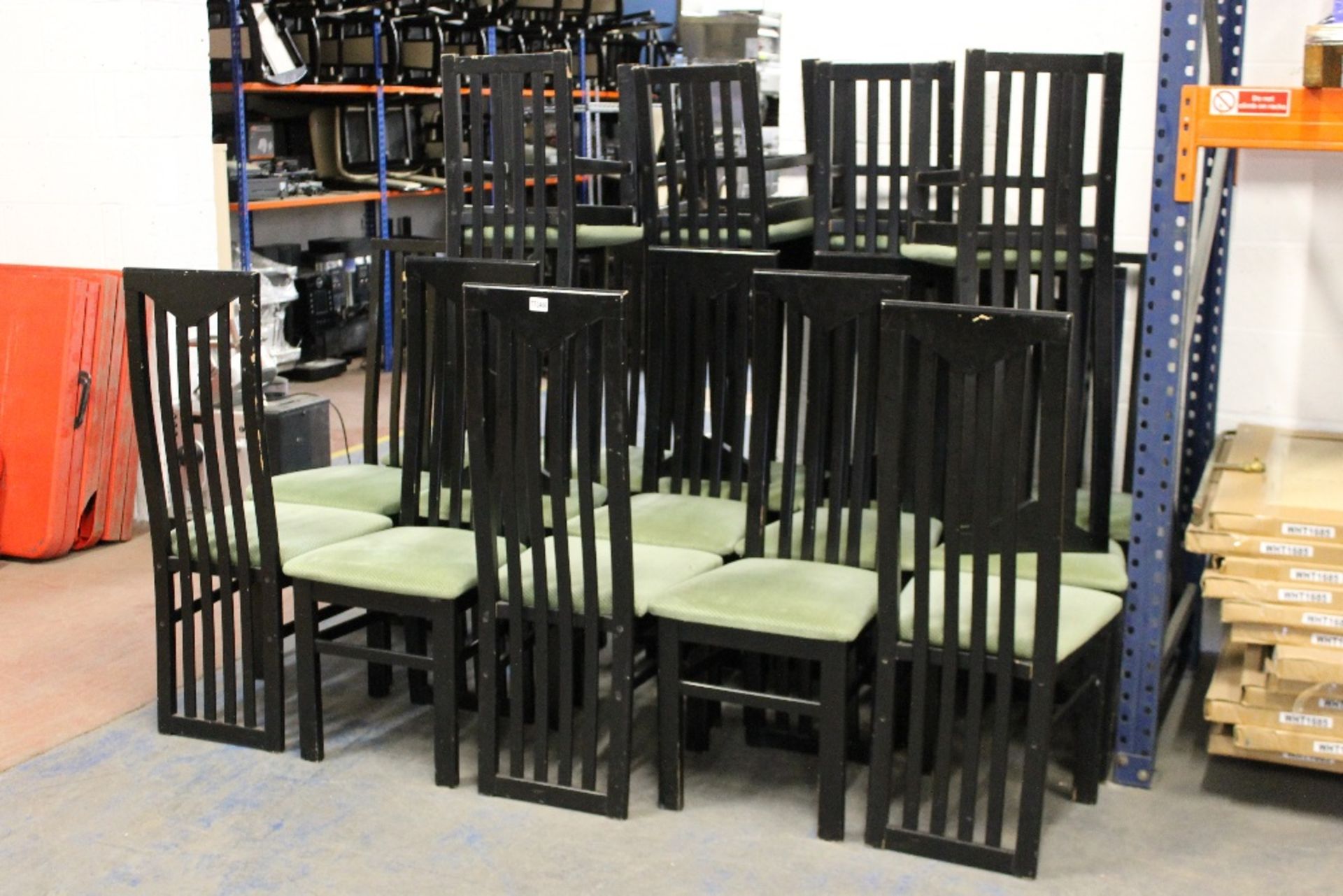 Job Lot of 19 Restaurant Dining Chairs – Black Wood with Green Fabric Seats