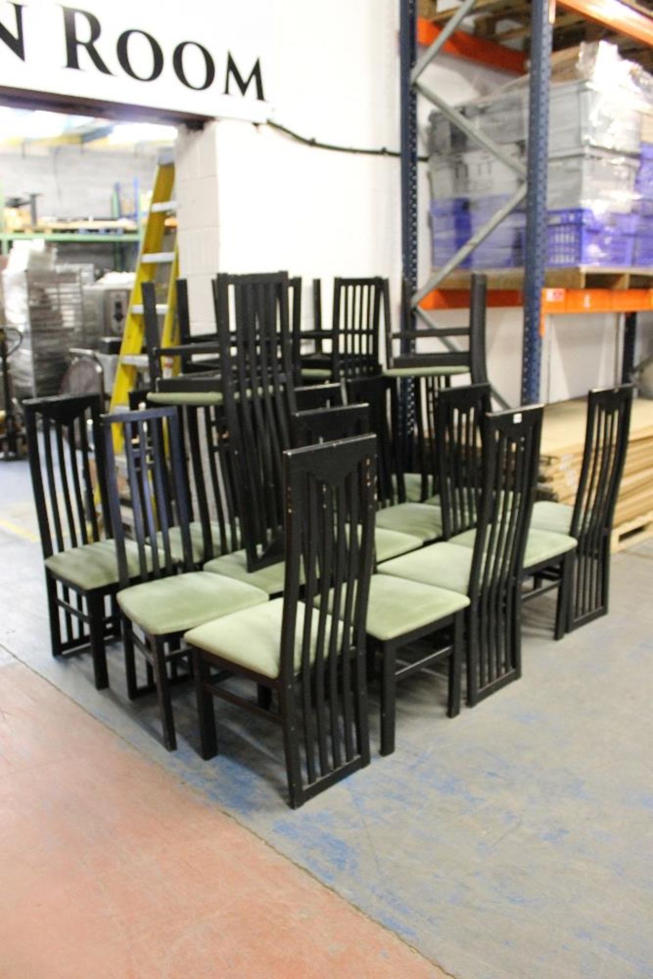 Job Lot of 19 Restaurant Dining Chairs – Black Wood with Green Fabric Seats - Image 3 of 3