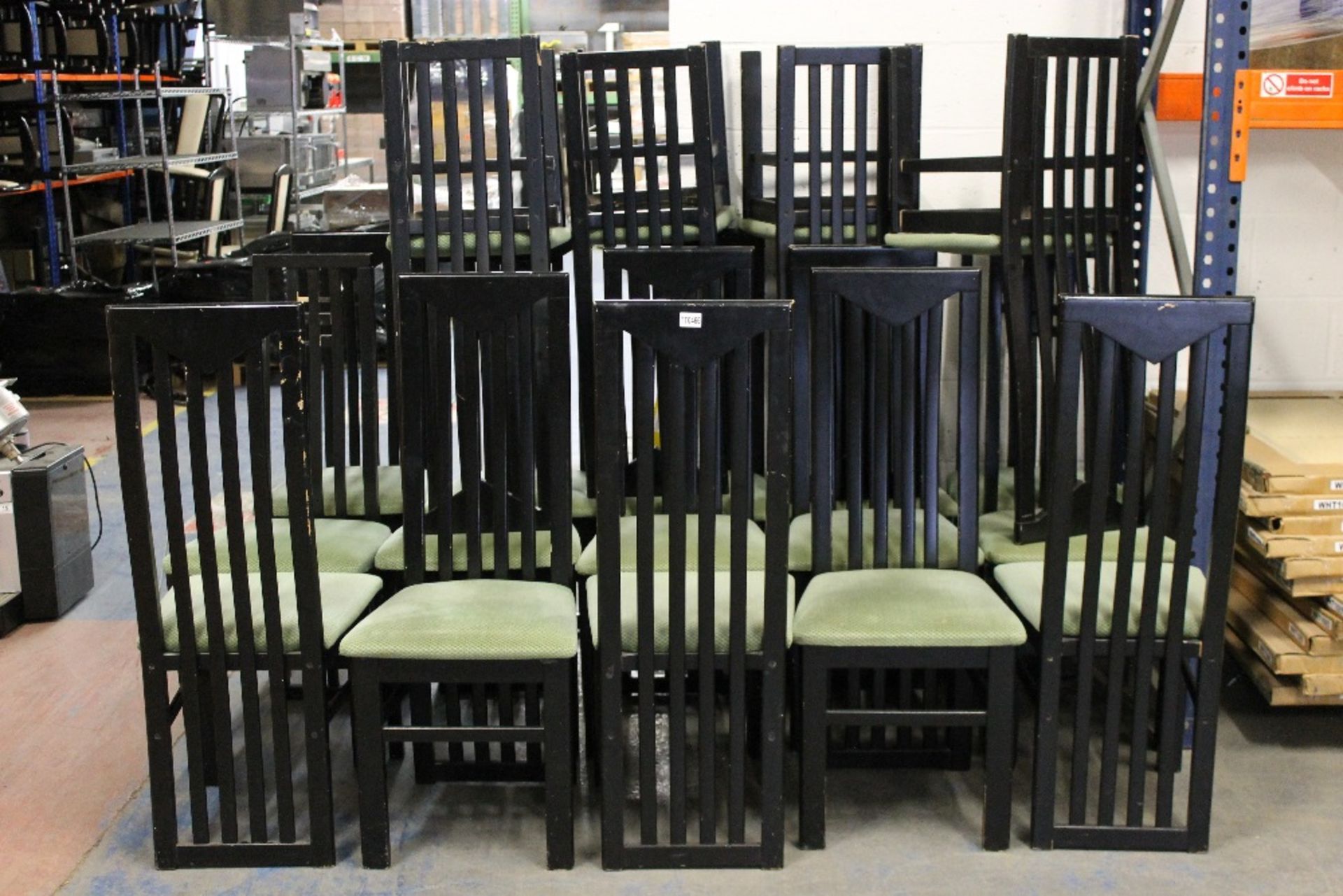 Job Lot of 19 Restaurant Dining Chairs – Black Wood with Green Fabric Seats - Image 2 of 3