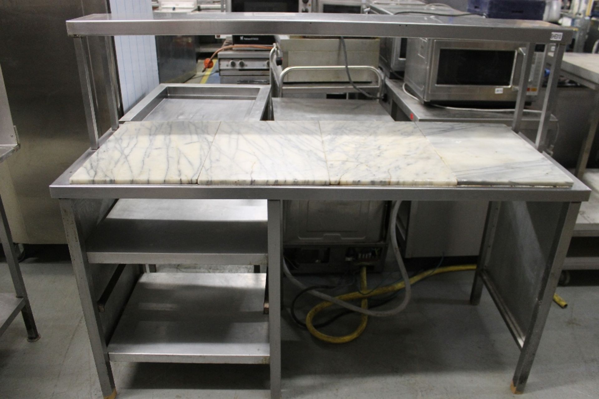 Stainless Steel Work Station with Gantry – Under Storage + Marble Slab Top -W170cm x H138cm x