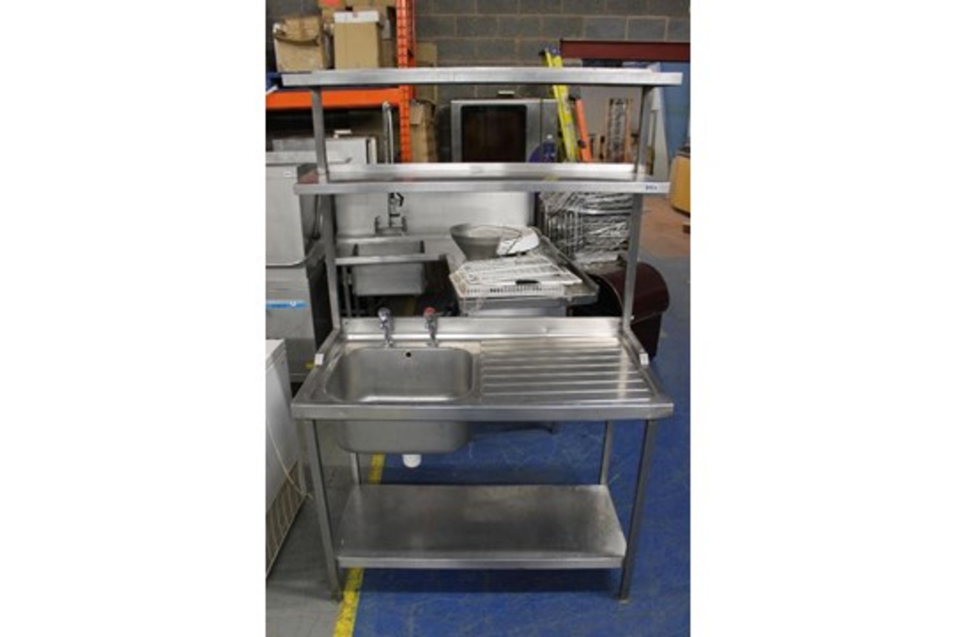 Stainless Steel Single Bowl Catering Sink with Under Shelf + 2 Upper Shelf Units – W120cm x H186cm x