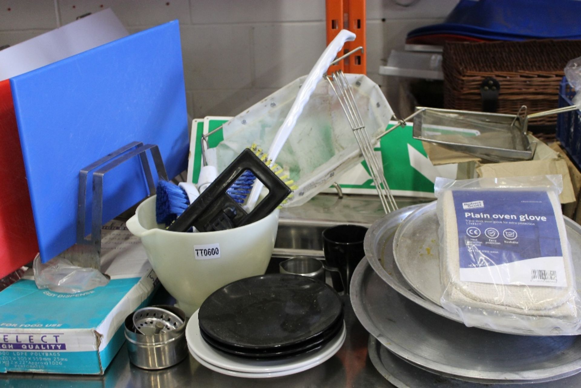 Mixed Lot to include: Chopping Boards & Rack, Fire Exit Signs, Utensils, Disposable bags, Fryer