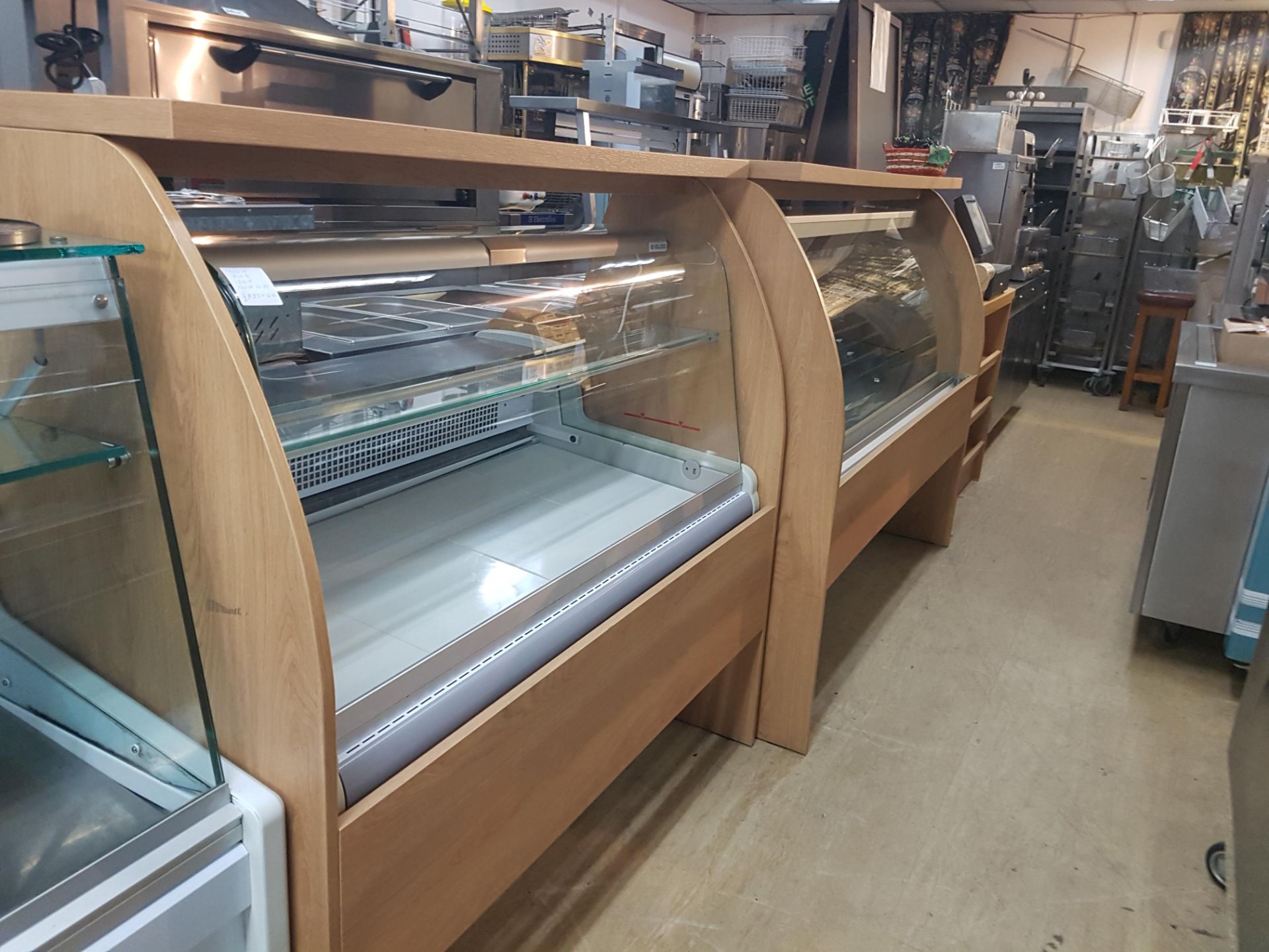 Complete display cabinets with side serving unit in polished laminated  heavy duty wood consisting