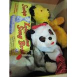 Sooty Sweep & Sue puppets (1950's) with Sooty xylophone & music books. Estimate £30-40.