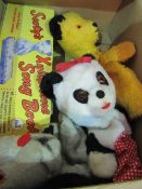 Sooty Sweep & Sue puppets (1950's) with Sooty xylophone & music books. Estimate £30-40.