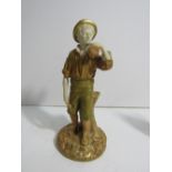 Royal Worcester figurine of a woodman standing by a tree stump holding an axe and a log, measures