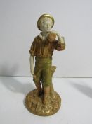 Royal Worcester figurine of a woodman standing by a tree stump holding an axe and a log, measures