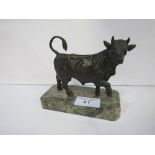 Bronze bull on marble base, height 19cms. Estimate £20-30.