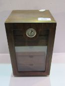 Large oak veneered cedar wood humidor with 5 adjustable drawers, glass front viewing door, visible