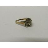 9ct gold diamond cluster ring, wt 3gms, size N. Estimate £40-60.