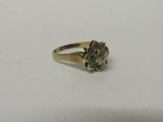 9ct gold diamond cluster ring, wt 3gms, size N. Estimate £40-60.