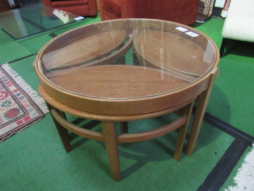 1960's teak glass top coffee table with 3 petal shaped tables below, 82cms x 51cms. Estimate £60-