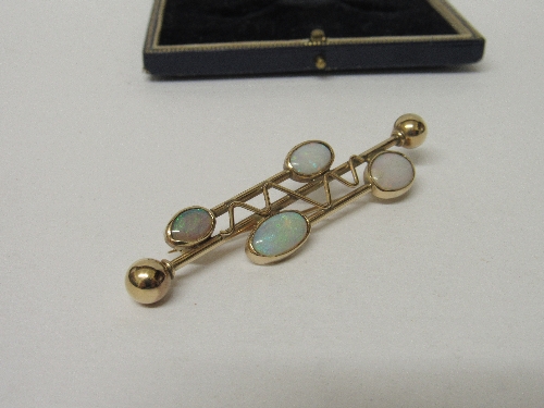 Tested 14ct gold stylized opal bar brooch, wt 10.5gms. Estimate £180-200. - Image 2 of 2