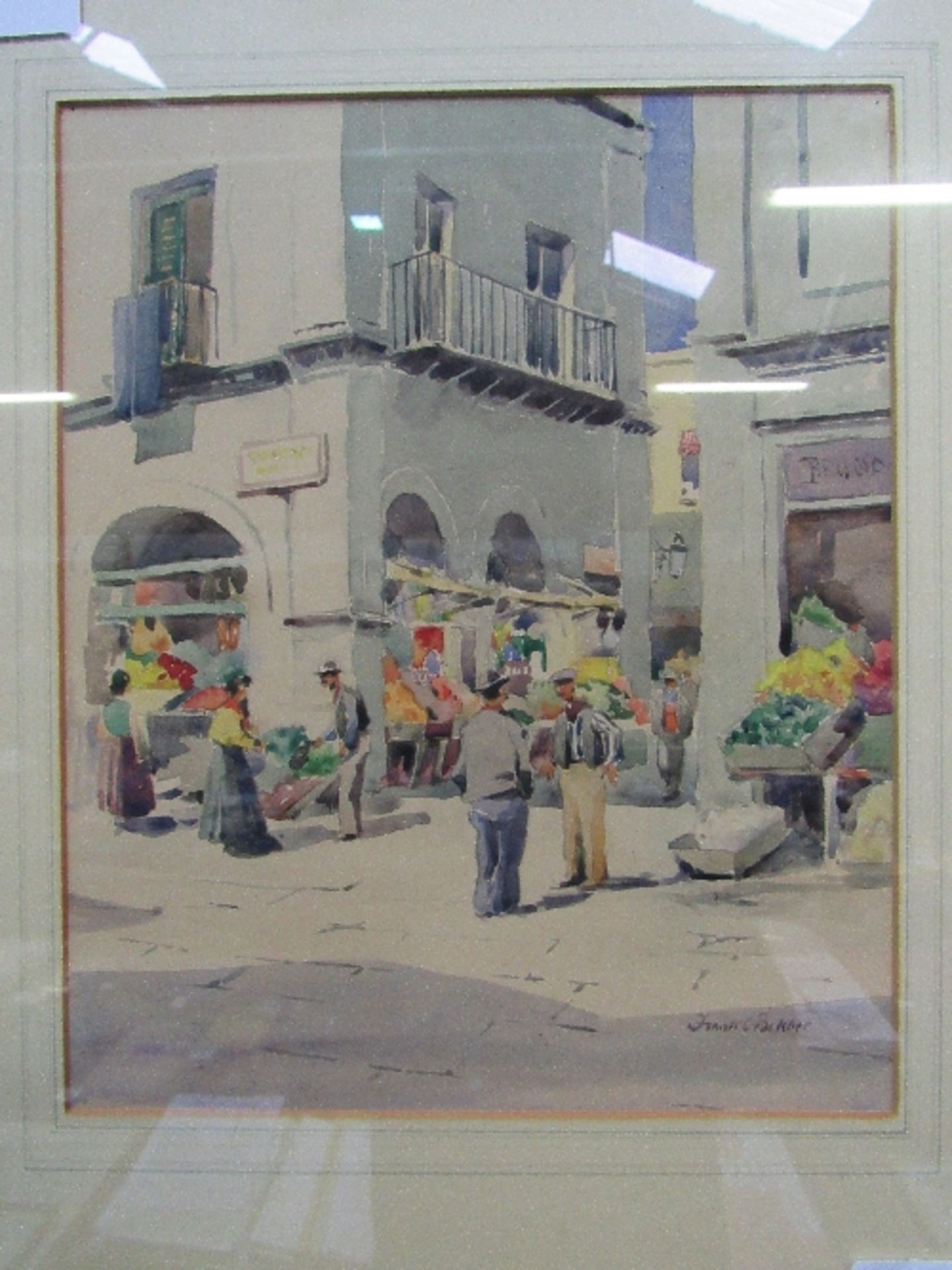 Framed & glazed watercolour of continental market scene, signed Frank C Belcher. Estimate £20-30.