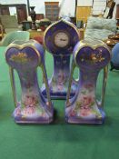 1910 3 piece Art Deco garniture set mantel clock vases wind up English porcelain clock with