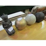 3 ceramic balls & a ceramic figurine. Estimate £5-10.