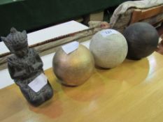 3 ceramic balls & a ceramic figurine. Estimate £5-10.