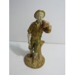 Royal Worcester figurine of a woodman standing by a tree stump holding an axe and a log, measures