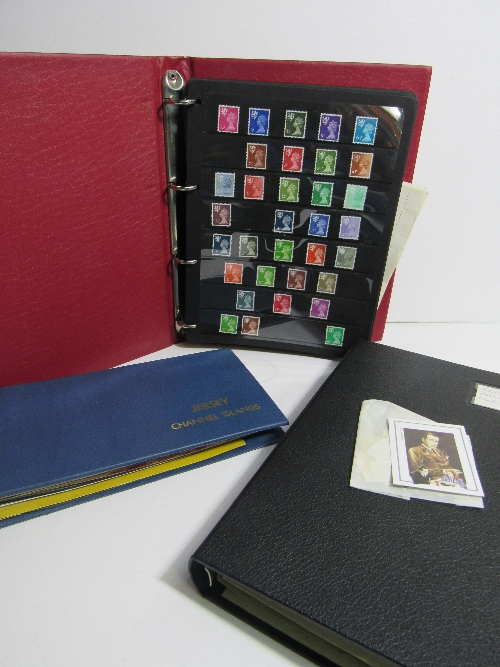 Large envelope of stamps, albums of stamps relating to Jersey, album of cards relating to