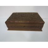Indian carved Sandalwood jewellery box with lift-out tray & key, 31cms x 9cms x 20cms. Estimate £