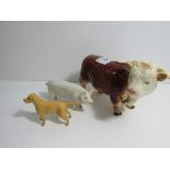Melba ware Hereford bull, Beswick large white pig (Wall's Champion Boy) & Beswick yellow Labrador.