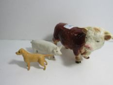 Melba ware Hereford bull, Beswick large white pig (Wall's Champion Boy) & Beswick yellow Labrador.