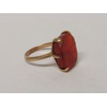 Tested 18ct gold camelian Middle Eastern ring, wt 5.3gms, size N. Estimate £120-150.