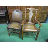 4 leather studded back chairs & 2 open arm & splat back carver chairs. Estimate £100-150.