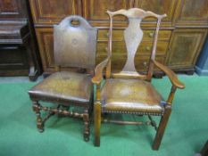 4 leather studded back chairs & 2 open arm & splat back carver chairs. Estimate £100-150.